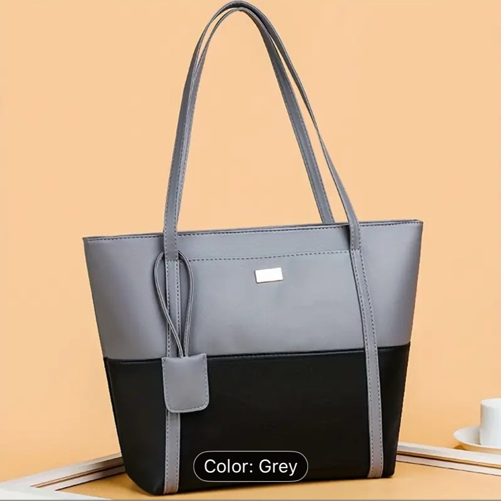 Two-Tone Gray & Black Structured Tote Bag with Pocket NIP - Picture 9 of 14
